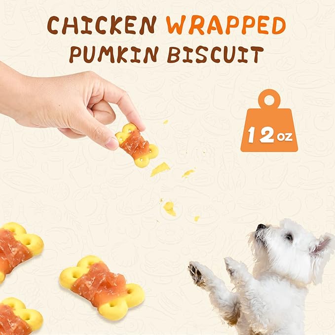 Dog Treats Chicken Wrapped Pumpkin Biscuits, Rawhide and Gluten Free, w/Taurine Low Fat Chewy Training Treats,12.5 oz
