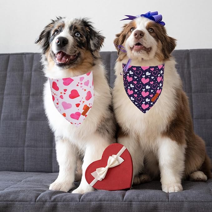 PTDECOR Valentine Dog Bandana, White Purple Love Heart Design Reversible Dog Scarf, Triangle Valentine Bandanas for Medium Large Pets (Large)