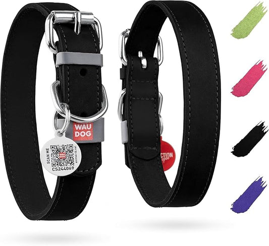 WAUDOG Long Lasting Leather Dog Collar for Large Dogs, Medium & Small Dogs - Adjustable Classic Puppy Collars for Large Breed Dogs - Boy & Girl Dog Collars with Durable Buckle, D-Ring & QR Dog Tag