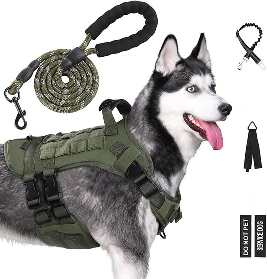 No Pull Tactical Dog Harness for Small Dogs, Escape Proof Molle Dog Vest Harness and Leash Set, Adjustable Military Service Dog Harness with Handle for Medium Large Dogs (Green, S)