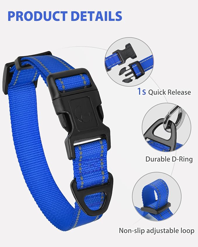 Joytale Small Dog Collar, Reflective and Adjustable Nylon Collar with Quick-Release Buckle, Lightweight No-Choke Design for Small Dogs, Navy Blue, 3/4" Width