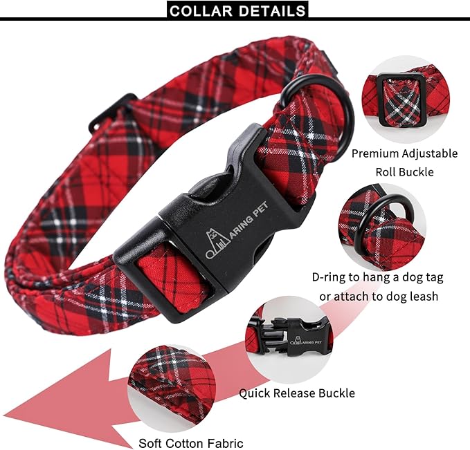 ARING PET Christmas Dog Collar-Cotton Lightweight Dog Collars, Adjustable Red Plaid Christmas Pet Collars Puppy Collar with Quick Release Buckle