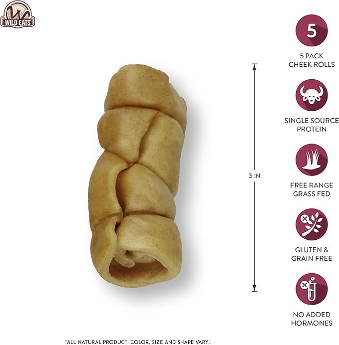 Water Buffalo Retriever Style Cheek Roll 3" Dog Chews-5 Pack (Long Lasting Dog Chews Treats & Bones for Medium Dogs) Substitute for Pig Ears for Dogs
