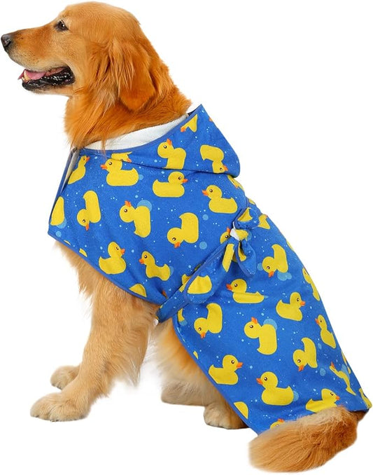 HDE Dog Bathrobe Super Absorbent Quick Drying Towel with Hood for All Dog Breeds Sizes S-XXL - Blue Rubber Ducks - XL