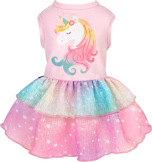 Fitwarm Rainbow Unicorn Dog Tutu Dress, Summer Clothes for Small Dogs Girl, Pet Birthday Outfit, Pink, XXS
