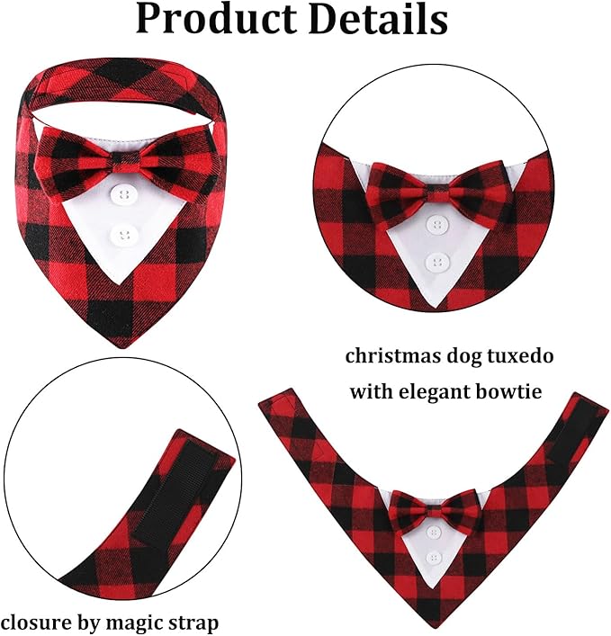 Adjustable Red Plaid Christmas Dog Tuxedo Bandana with Bow Tie - Holiday Pet Outfit Costume for Dogs XS to XL