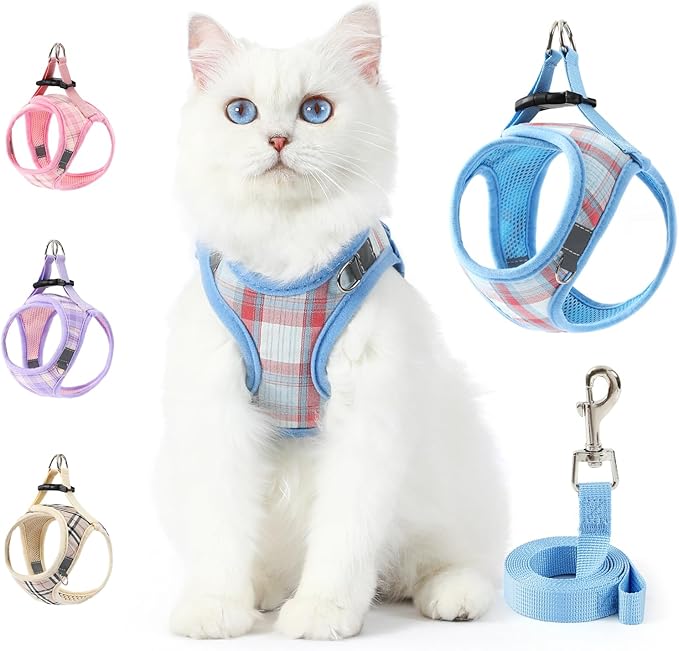 voopet Extra Small Dog Harness and Leash Lightweight Cat Comfort Padded Soft Mesh Vest Step in Dog Harness No Pull No Choke Reflective Small Plaid Girl & Boy Puppy Kitty Walking Harness, Blue XXS