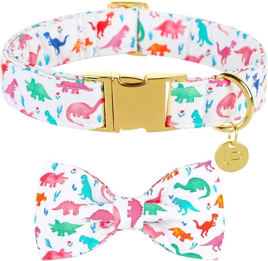 Bow Tie Dog Collar, Dinosaur Adjustable Comfortable Cotton Dog Collar with Bowtie, Metal Buckle Dog Bowtie Collar for X-Large Girl Boy Dog, XL