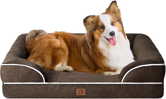 EHEYCIGA Orthopedic Dog Beds for Large Dogs, Waterproof Memory Foam Large Dog Bed with Sides, Non-Slip Bottom and Egg-Crate Foam Pet Couch Bed with Washable Removable Cover, Brown