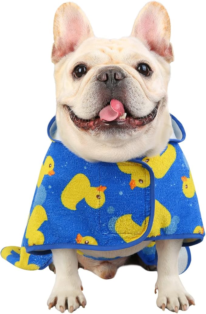 HDE Dog Bathrobe Super Absorbent Quick Drying Towel with Hood for All Dog Breeds Sizes S-XXL - Blue Rubber Ducks - M