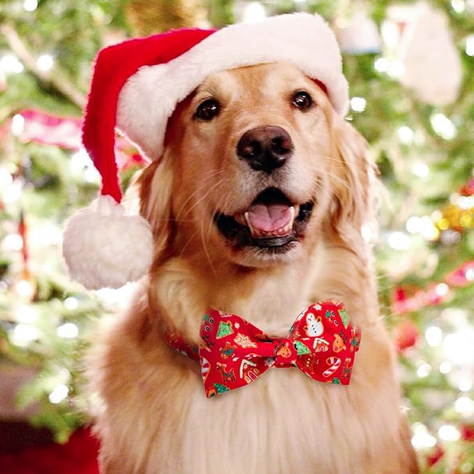 Tunkoo Christmas Dog Collar with Elegant Bow Tie Soft Comfy Cotton Adjustable Collar, Premium Metal Buckle for Puppy and Cat Small Medium Large (Christmas C, M)