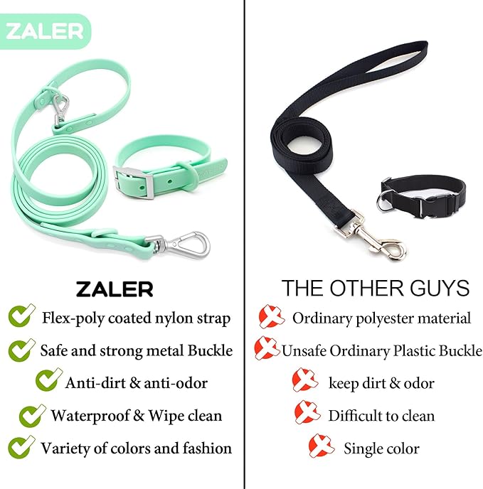 ZALER Dog Collar and Leash Set, Waterproof Adjustable Odor Proof Pet Collars Leashes Easy to Clean, 6FT Dog Leash with 2 Hooks for Large, Medium Small Dogs (M, Mint Green)