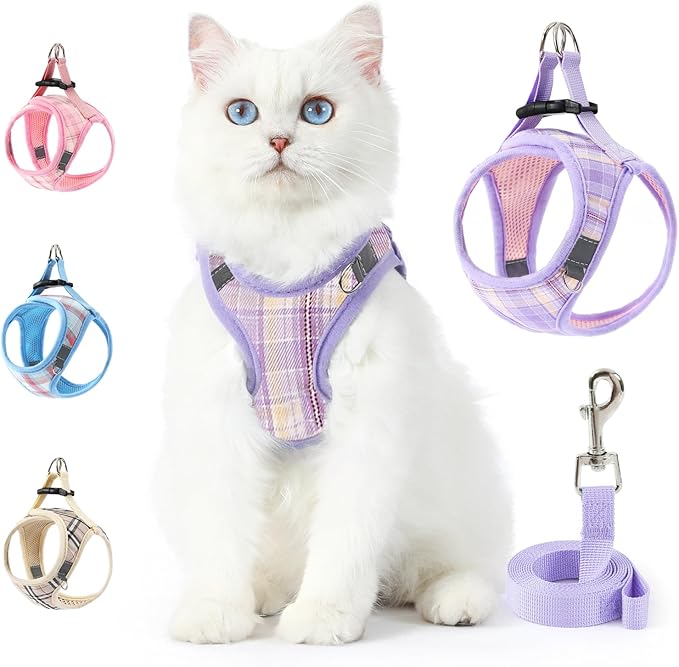 voopet Extra Small Dog Harness and Leash Lightweight Cat Comfort Padded Soft Mesh Vest Step in Dog Harness No Pull No Choke Reflective Small Plaid Girl & Boy Puppy Kitty Walking Harness, Purple XXS