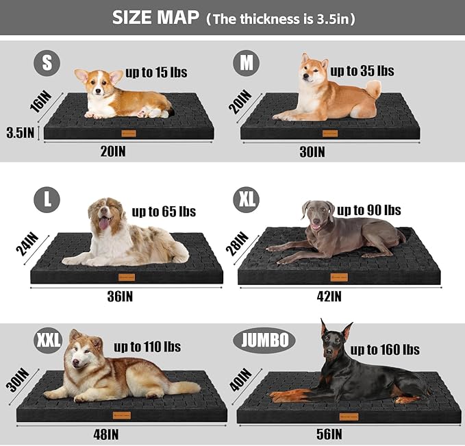Patas Lague Orthopedic XL Dog Bed for Large Dogs 42''X28'', Waterproof Soft Warm Comfortable Egg Crate Foam Big Large Pet Beds Mat with Removable Washable Cover and Nonskid Bottom, Black