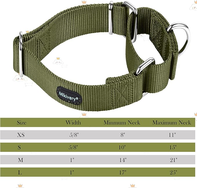 Mikivery Martingale Dog Collar Nylon Adjustable and Safety Training Colourful Comfortable Metal Buckle Pet Collars for Small Medium and Large Dogs(Military Green,M)