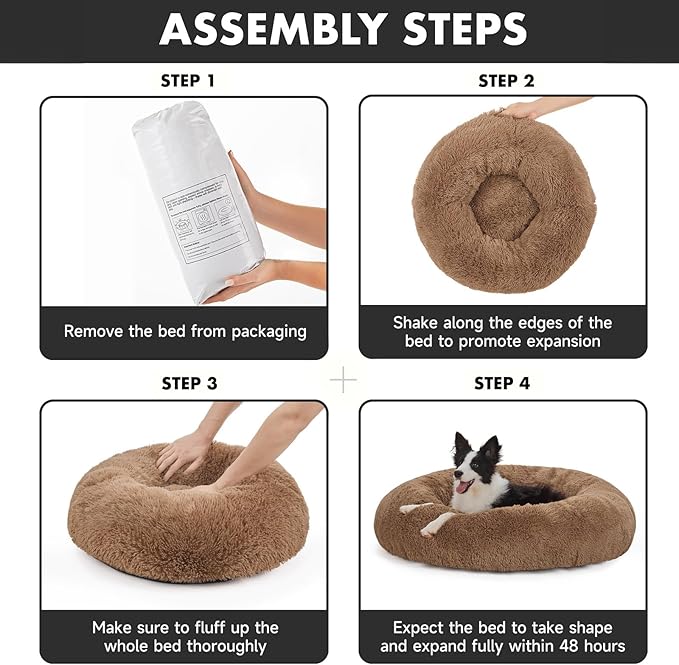 OhGeni Calming Donut Dog Bed Pillow for Large Pets, Machine Washable Removable Cover, Comfort Plush Fluffy Faux Fur with Anti-Slip Bottom, Cats-Friendly Round Cuddly Design, Ocher, 36 inches