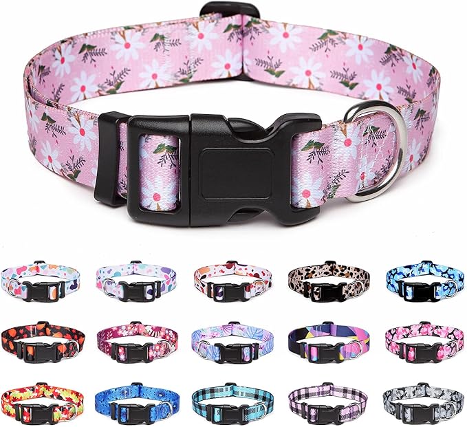 Adjustable Dog Collar with Patterns, Ultra Comfy Soft Nylon Breathable Pet Collar for Small Medium Large Dogs (S, Pink White Flower)