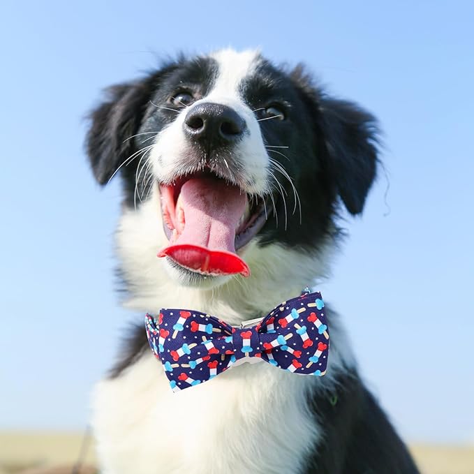 American Flag Dog Collar with Bow Tie, 4th of July Comfortable Cotton Cute Dog Collar with Metal Buckle, Patriotic Bowtie Collar for Puppy Girl Boy Dog or Cat, XS