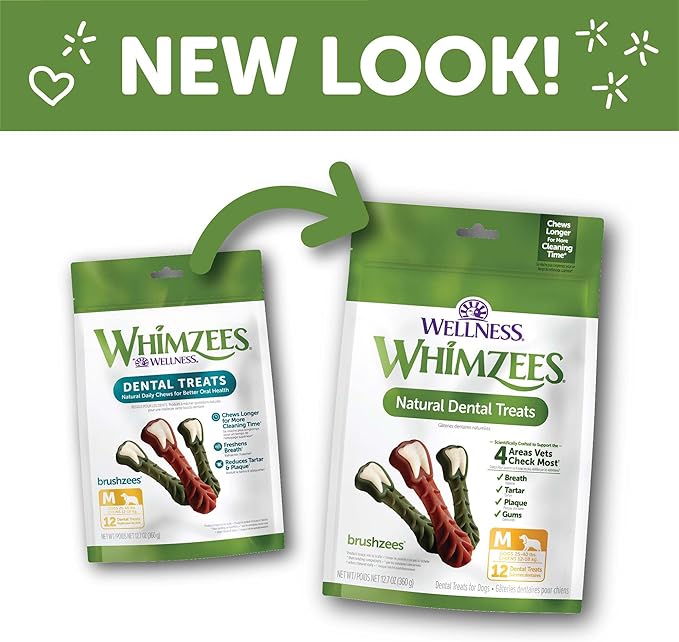 Wellness WHIMZEES Brushzees Dog Dental Treats, Natural Chews, Medium Size Stick, (12 Count)