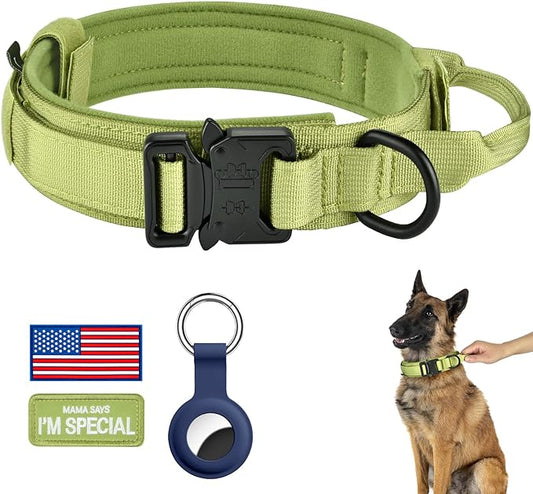 DAGANXI Tactical Dog Collar, Adjustable Military Training Nylon Dog Collar with Control Handle and Heavy Metal Buckle for Medium and Large Dogs, with Patches and Airtags Case (XL, Spring Grass)