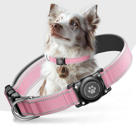 Airtag Dog Collar - 100% Waterproof Air tag Dog Collar Holder for Apple AirTag, Reflective, Soft Padded, Everlasting, GPS Dog Collar for Small Medium Large Dogs (Pink, M)