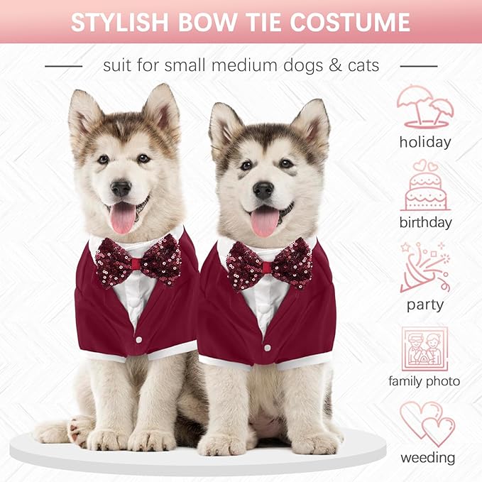 Kuoser Dog Tuxedo,Dog Wedding Suit with Bow Tie Formal Dogs Tux Pet Wedding Party Birthday Costume,Doggy Valentines Christmas Halloween Graduation Outfit Cosplay for Small Medium Large Dogs,Red 2XL