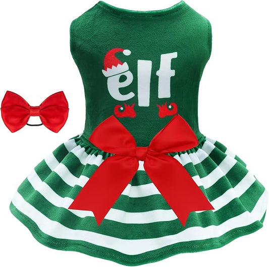 CuteBone Elf Dog Dresses Velvet Holiday Small Dogs Clothes Onesie Pet Apparel Girl Puppy Skirt with Bow Hair Rope CVA55L-D