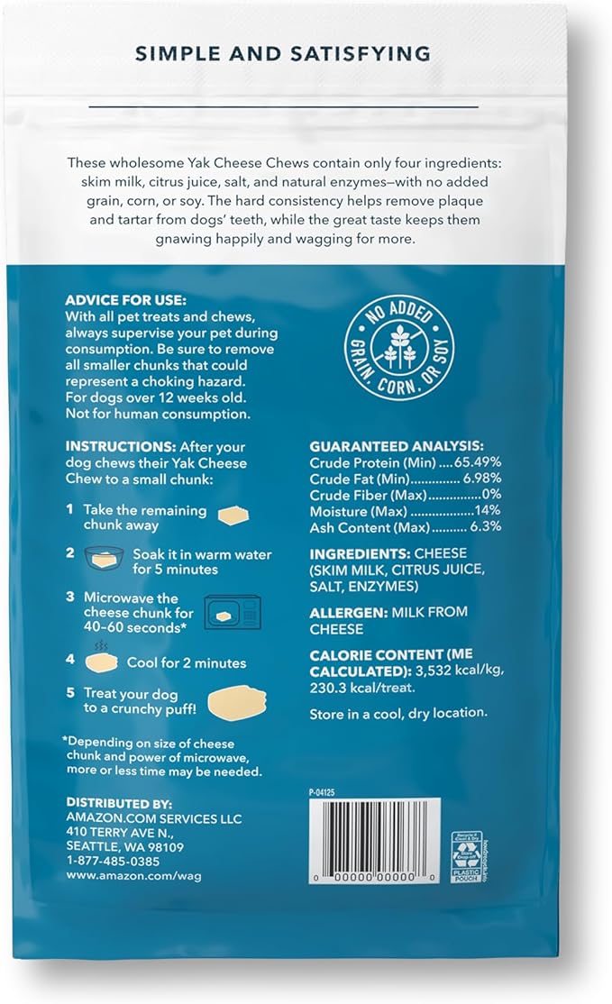 Amazon Brand - Wag Yak Cheese Himalayan Dog Chews, Dog Treats for Medium Size Dogs, All Natural, High Protein for Aggressive Chewers, 15-35 lbs, 3 Count, 6.9 oz