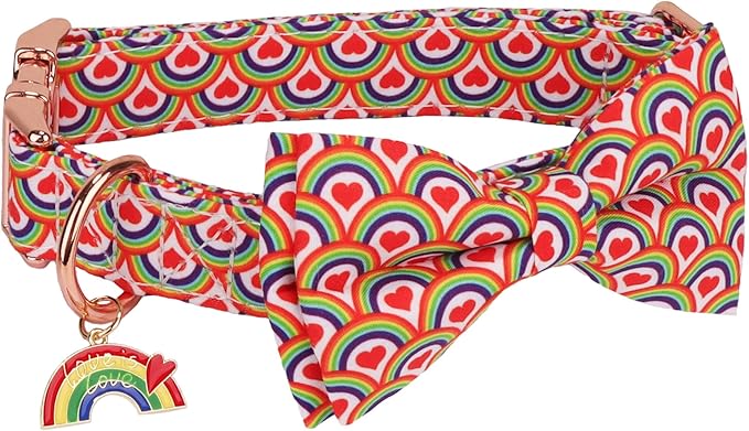 ADOGGYGO Rainbow Dog Collar with Bow, Detachable Bow, Metal Buckle, Adjustable Rainbow Collars for Large Dogs Boy Girl Male Female (X-Large)