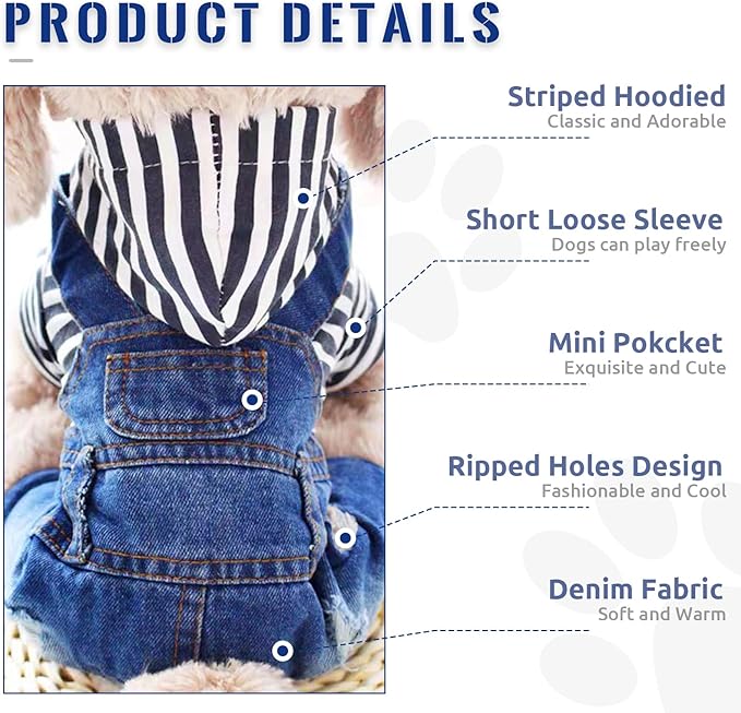 Small Dog Hoodie Clothes Cute Stripe Shirts Denim Jumpsuit One-Piece Outfit for Small Medium Dogs Cats Boy Girl Chihuahua Blue Jeans Overalls Puppy Costume (Blue,S)