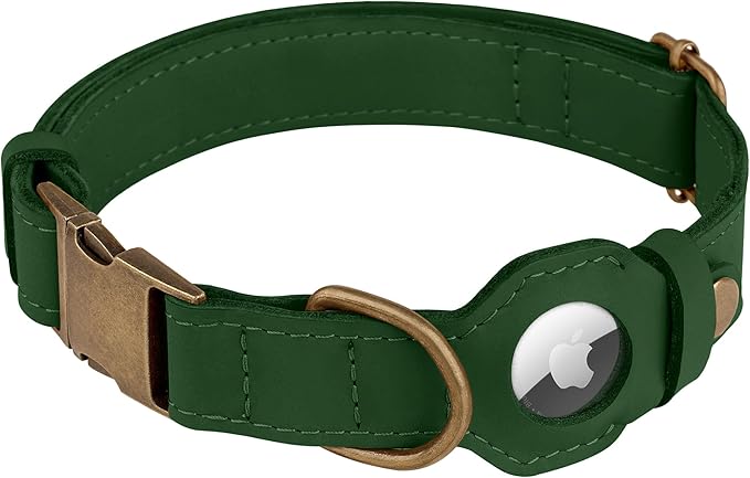 AirTag Dog Collar - Genuine Leather Dog Collar with Apple AirTag Holder and Metal Buckle - Smart GPS Tracking Pet Collars for Small Medium Large Dogs Puppy (Dark Green, XL, 20"-25" Neck Fit)