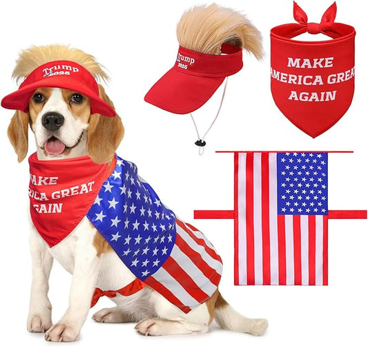 SCENEREAL 4th July Dog Costume Independence Day Pet Outfit Set Holiday Clothing Accessories Includes Dog Wig Hat, American Flag Cape and Patriotic Bandana for Medium Dogs