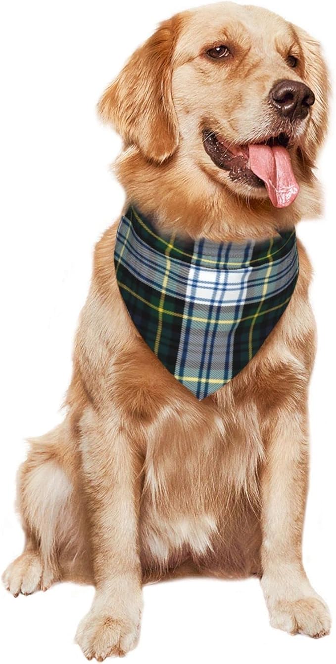 Pet Triangle Scarf, Plaid Tartan Clan Gordon Scottish Green White Bandana for Cats Dogs, Pet Clothing Accessory for Small to Large Pets