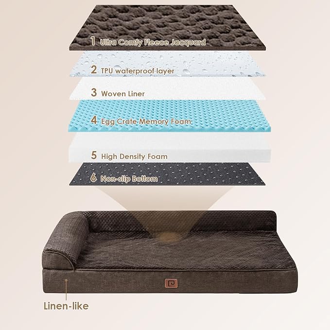 EHEYCIGA Memory Foam Dog Bed Large Sized Dogs, Pet Bed for Large Dog for Crate with Waterproof Liner, Pet Couch Bed Orthopedic with Washable Removable Cover, 35x23x6 Inches, Brown