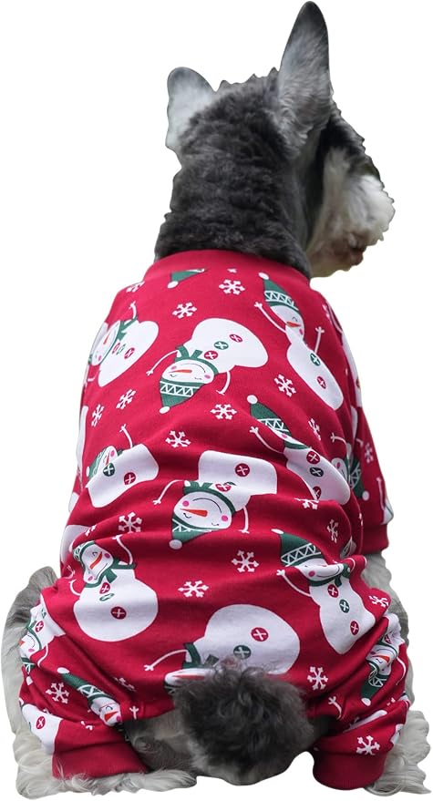Lanyarco Snowman Christmas Cat Pajamas Onesie for XSmall Dogs Cats Kitten, Cotton Snowflake Pet Dog Christma Pajama PJS Red, Back 9" XSmall