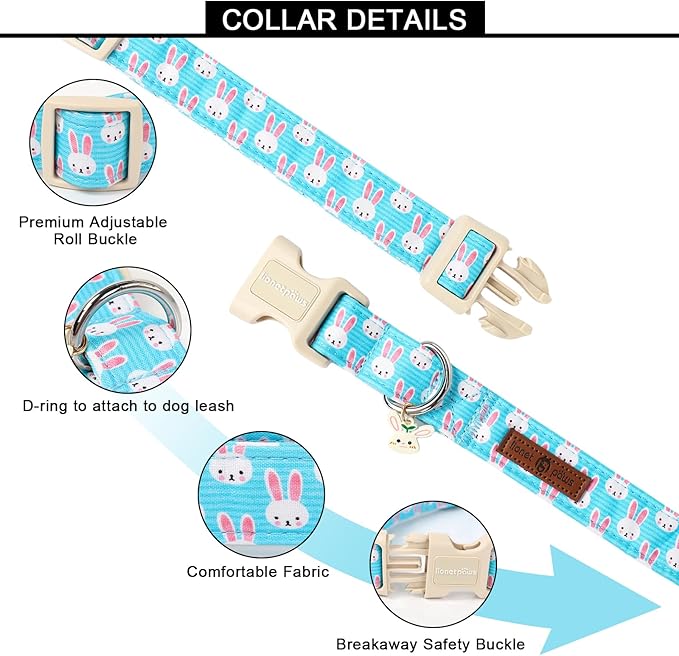 Lionet Paws Easter Dog Collar- Cute Bunny Blue Dog Collars with Plastic Buckle, Light Adjustable Dogs Collars with Rabbit Pendant for Medium Dogs