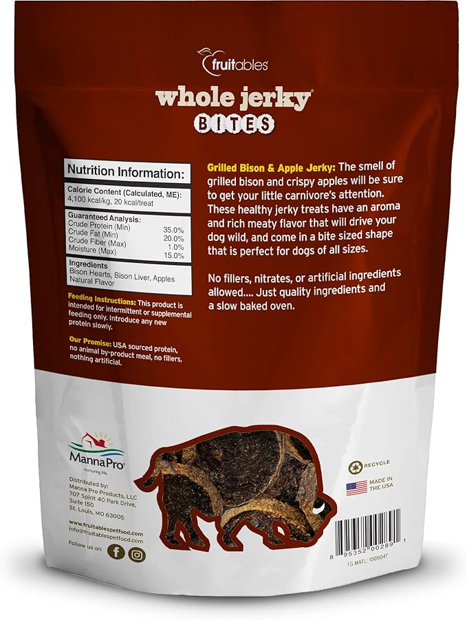 Fruitables Whole Jerky Bites for Dogs – Grilled Bison Grain-Free Dog Treats – Natural High Protein Chews with Real Meat – Limited Ingredient Recipe for Training or Reward – 5 oz Bag