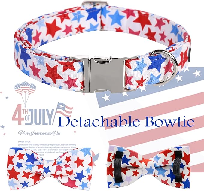 ARING PET American Flag Dog Collar, Cute Bowtie Dog Collars with Metal Buckle, Red White Blue Star Pet Collar Bow Tie for Small Meduim Large Dogs