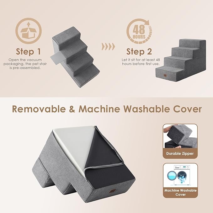 EHEYCIGA Dog Stairs for Bed 18”H, 4-Step Extra Wide Dog Steps for High Bed, Pet Steps for Small Dogs and Cats, Non-Slip Balanced Pet Ramp, Grey