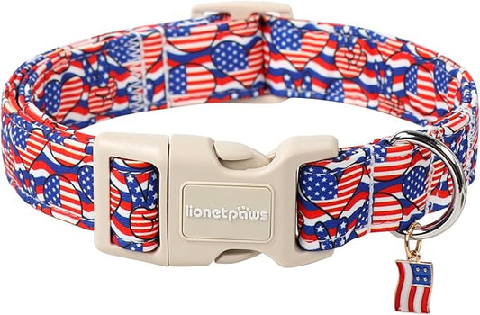 Lionet Paws 4th of July Dog Collar- Cute America Flag Pattern Dog Collars with Plastic Buckle and Flag Pendant, Light Adjustable Dog Collars for Small Medium Dogs