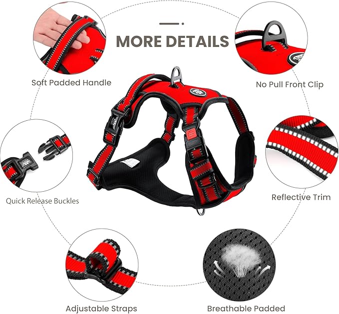 FURRYFECTION Dog Harness | No Pull Dog Harness | Reflective Oxford | Padded Handle | 4 Adjustable Straps | 2 Leash Clips | No Choke Pet Vest Harness for Small Medium Large Dogs | Red | L