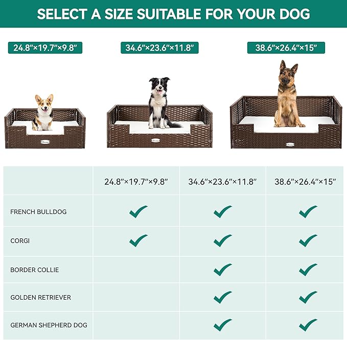 YITAHOME Rattan Dog Sofa Bed with Cushion,Wicker Pet Bed Sofa Couch Indoor Outdoor Water Resistant for Large Medium Small Dogs Cats (34.6''L*23.6''W*11.8''H,Beige)