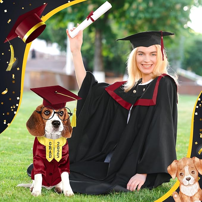 5 Pcs Dog Graduation Costume Set Include 2025 Pet Graduation Gown with Stole Puppy Grad Cap Lensless Glasses DIY Letter Stickers for Dogs Cats Holiday Costume Accessory(Maroon Yellow,S)