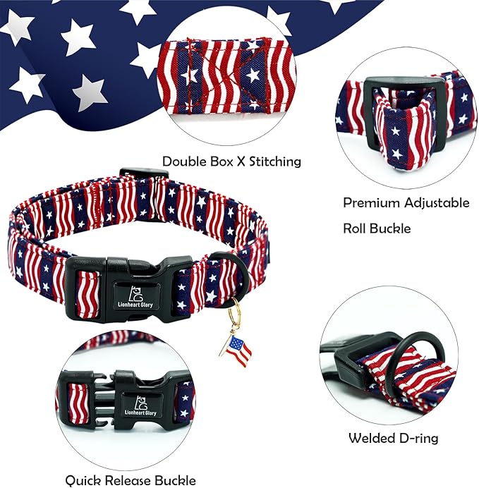 Lionheart glory American Flag Dog Collar-4 of July Patriotic Independence Day Dog Collar Heavy Duty Adjustable Dog Collars for Large Dogs Pet Gift Summer Collars