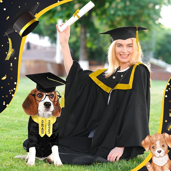 5 Pcs Dog Graduation Costume Set Include 2025 Pet Graduation Gown with Stole Puppy Grad Cap Lensless Glasses DIY Letter Stickers for Dogs Cats Holiday Costume Accessory(Black Yellow,S)
