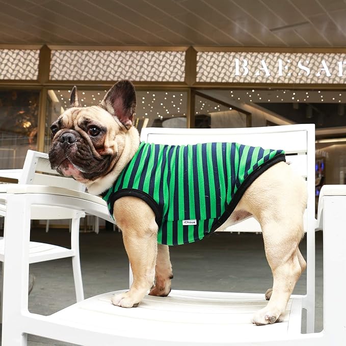 iChoue French Bulldog 100% Breathable Cotton Striped T Shirts Halloween Vest Clothes for Medium Dogs Tank Tops Frenchie Pug English Boston Terrier Pitbull Green Black Stripes - Large