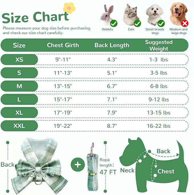 Cute Dog Harness and Leash Set with Bow Tie Soft Mesh Plaid Girl Puppy Harness No Pull Pet Cat Dog Vest Harness for Small Dogs Chihuahua Rabbit Outfit (Green,L)
