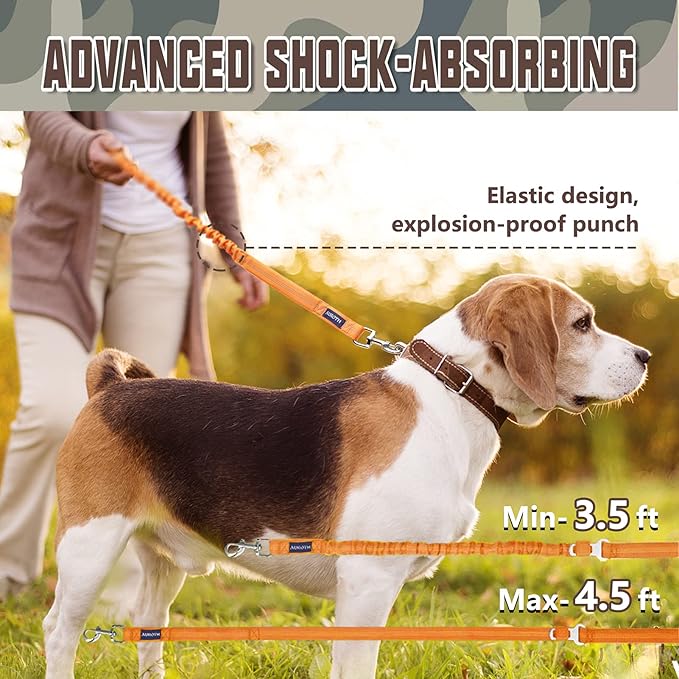 AUROTH Heavy Duty Bungee Dog Leash for Large Breed Dogs, No Pull for Shock Absorption with Car Seat Belt, 2 Padded Handles 4.5Foot 6Foot Training Dog Leash Orange