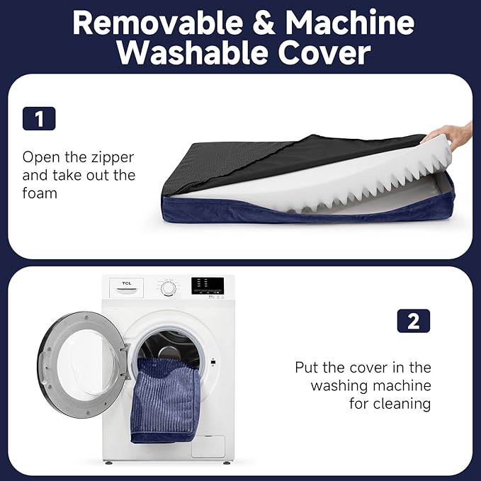 OhGeni Orthopedic Waterproof & Machine Washable Dog Bed for Medium Large Pets, Suitable for Crates, 25D Egg Crate Foam, Non-Slip Bottom & Removable Cover, Invisible Zipper, 35 Inches(Navy)