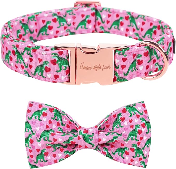 Unique style paws Dog Collar with Bowtie Pink Dinosaur & Heart Puppy Collar Suitable for Small Medium Large Dogs with Adjustable Safety Metal Buckle for Valentine's Day-XL